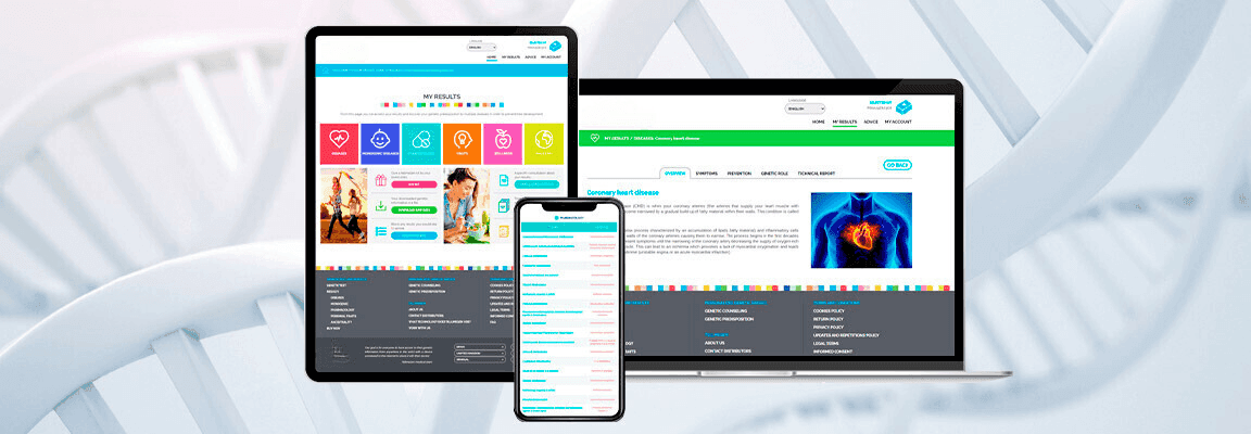 Digital illustration showing a heart health website on various devices with a DNA helix in the background.