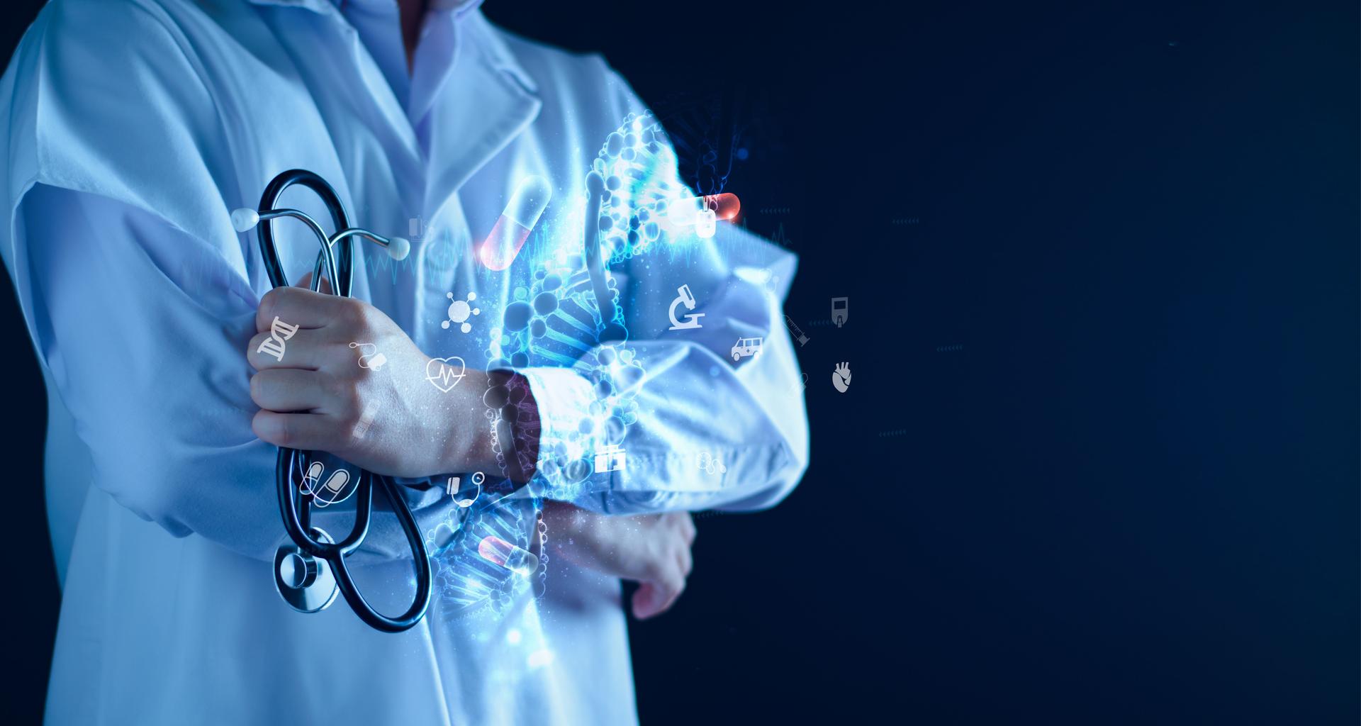 Medicine doctor touching medical global network, Computing electronic medical record. DNA. Digital healthcare and network connection on virtual interface, medical technology and innovation concept