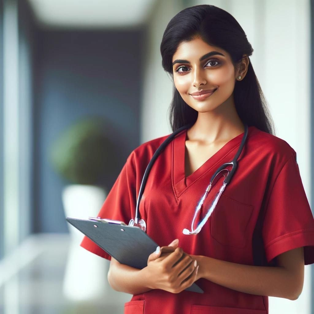 Smiling healthcare professional in red scrubs holding a clipboard, standing in a bright hallway.