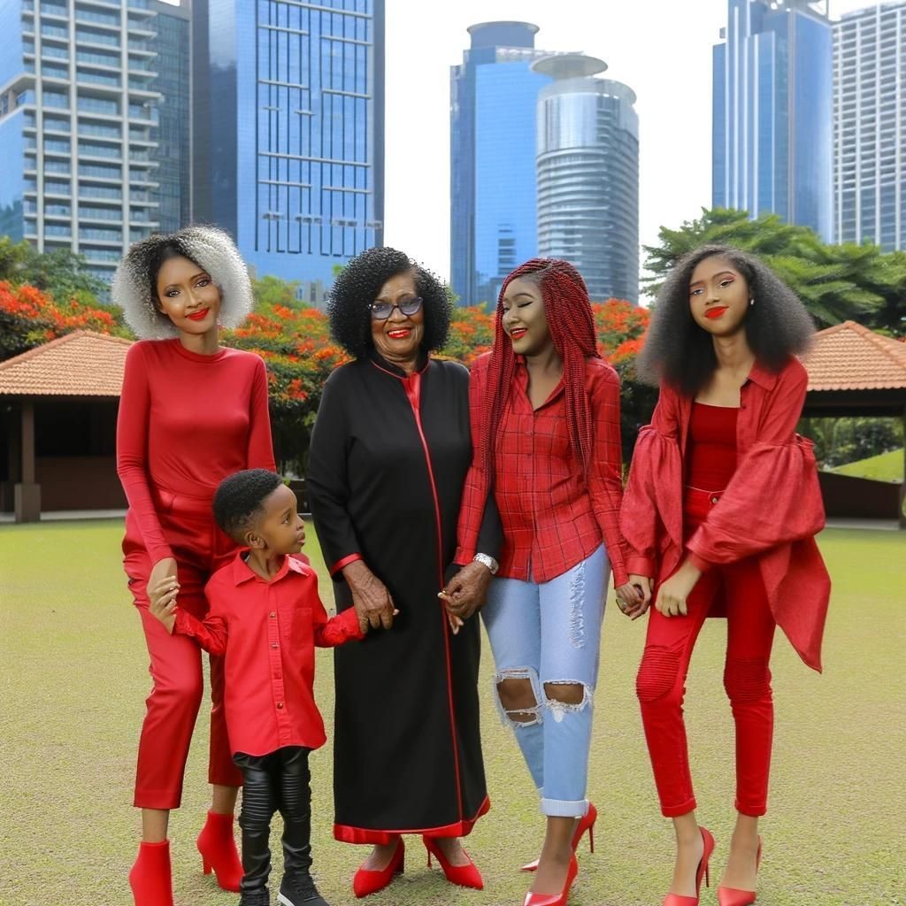 Family group dressed in red and black clothing posing outdoors with skyscrapers in the background.