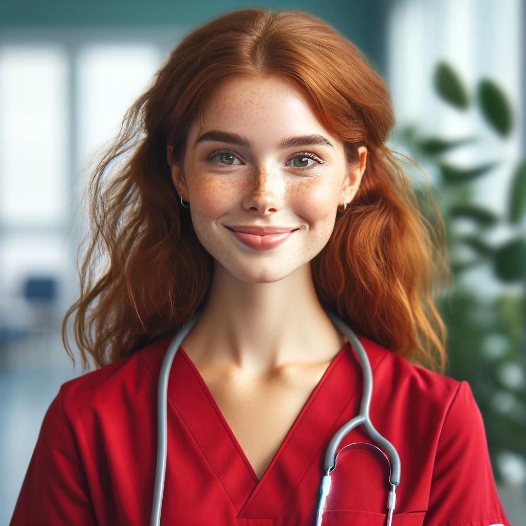 Smiling woman with red hair and freckles wearing a red medical uniform and stethoscope.