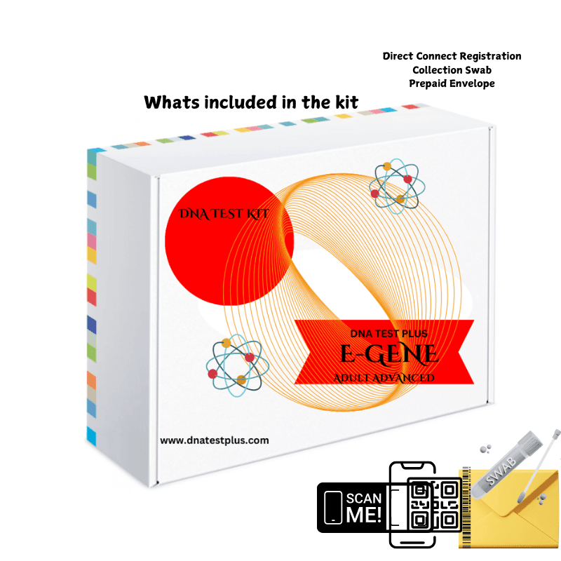 DNA test kit box with colorful design and QR code, includes swab and prepaid envelope.