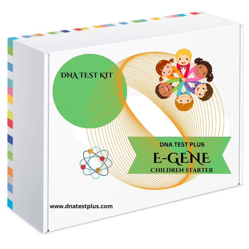 DNA test kit box for children, featuring colorful illustrations of diverse kids and DNA graphics.