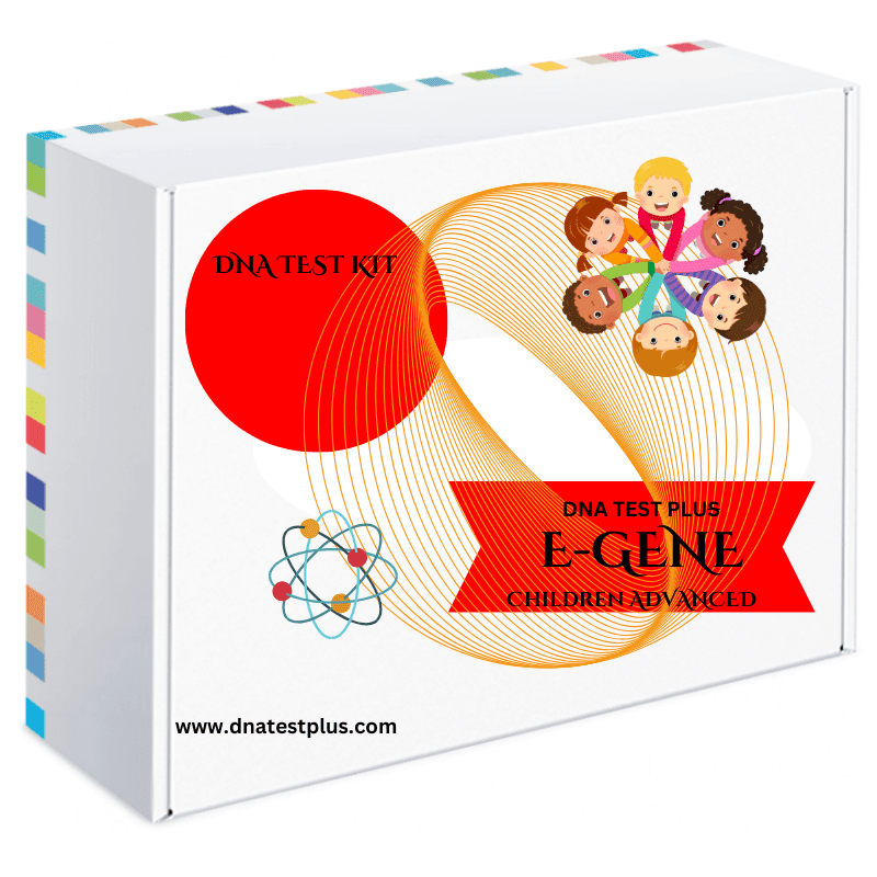 DNA test kit box labeled E-Gene Children Advanced with colorful design and cartoon children.