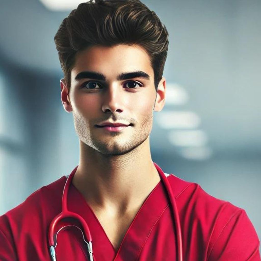 Person wearing red scrubs and a stethoscope standing in a medical setting.