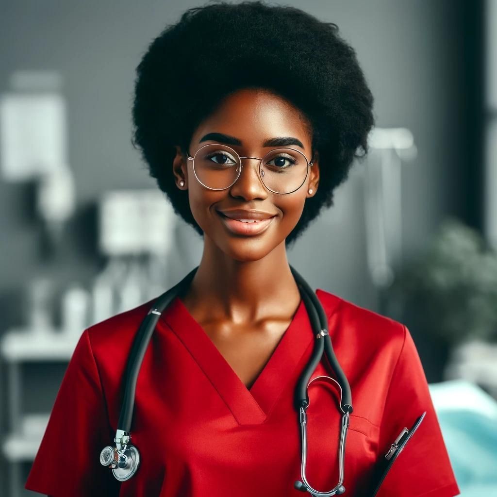 Smiling medical professional in red scrubs with stethoscope around their neck and blurred background.