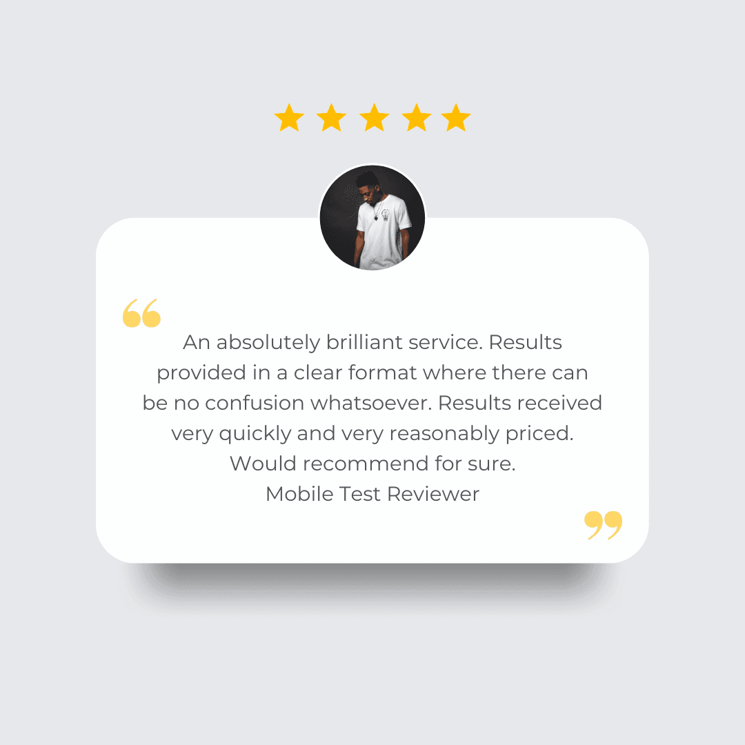 Five-star review with photo of person, highlighting praise for excellent service and clear results.