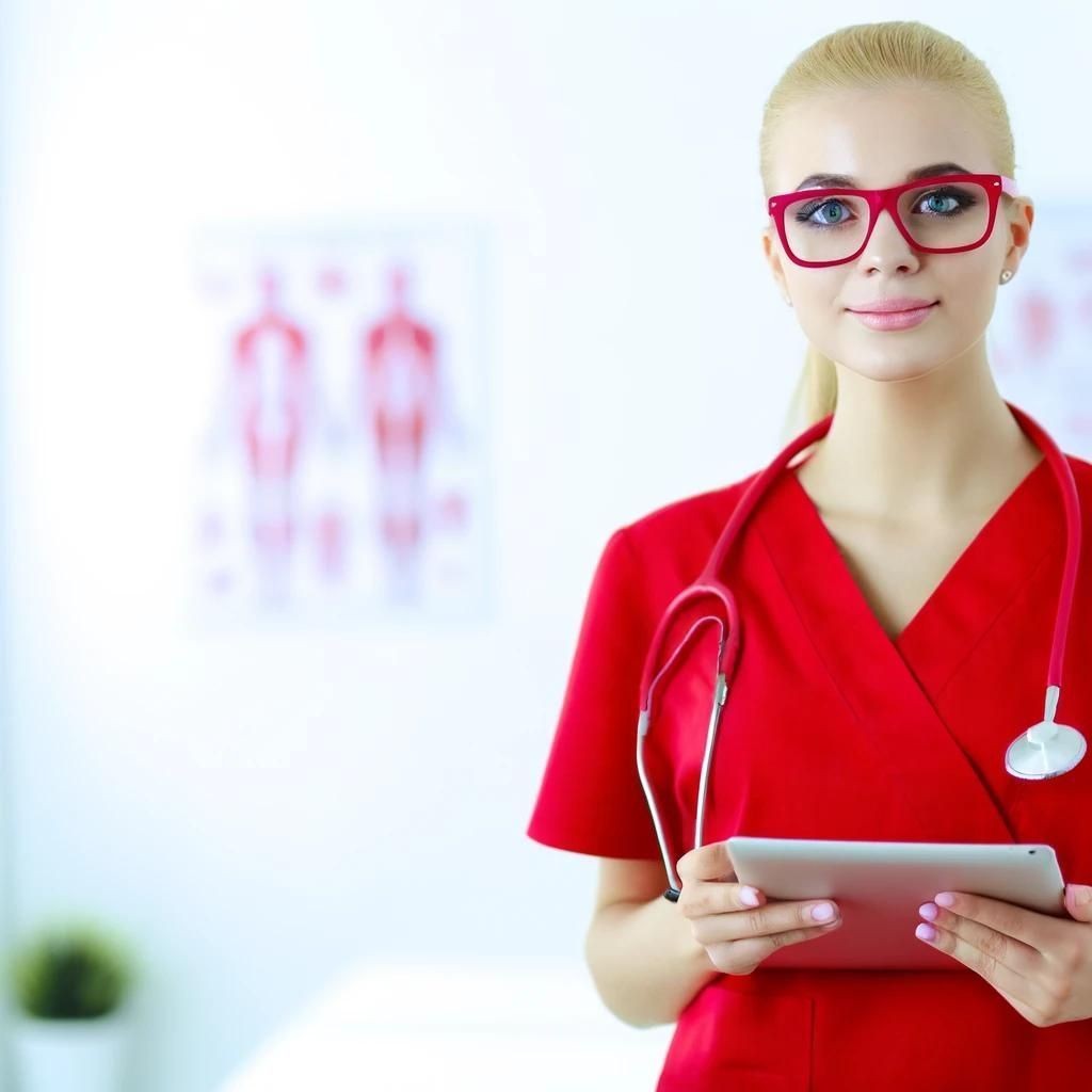 Medical professional in red scrubs with stethoscope, holding a tablet in a bright office.