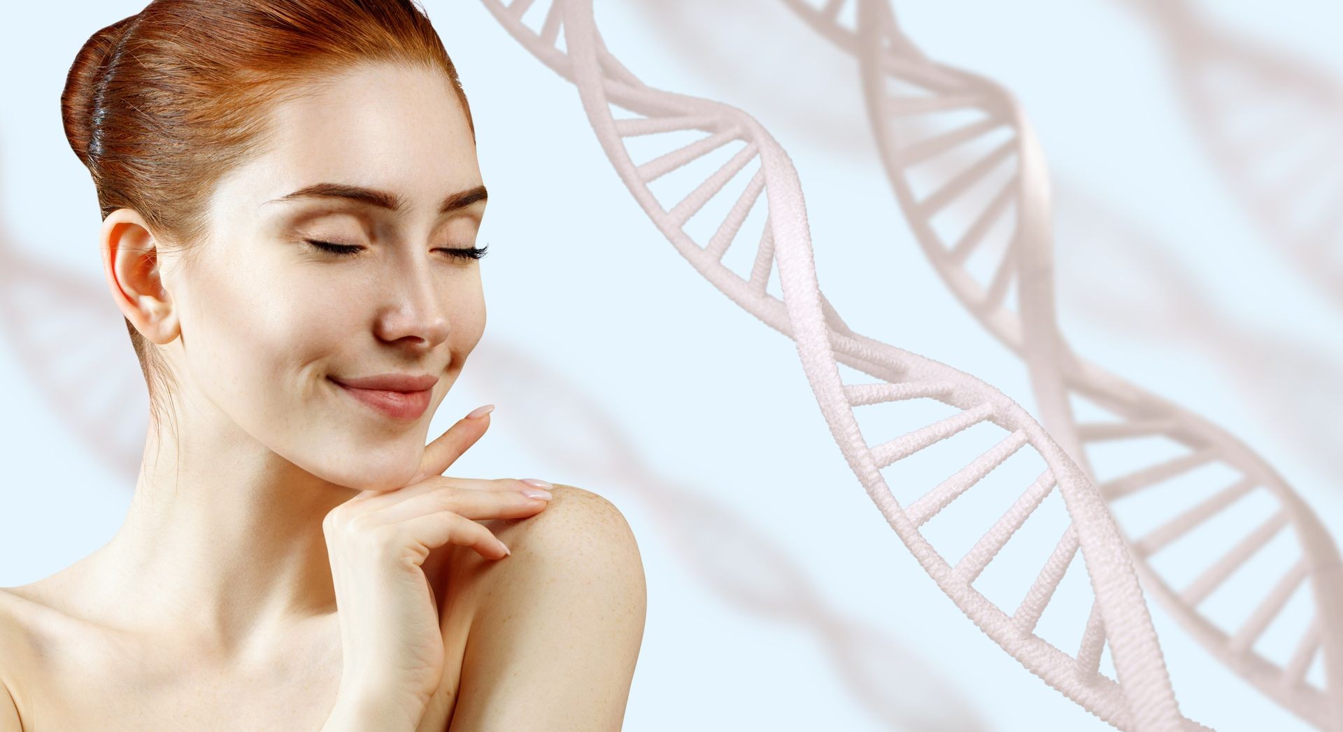 Portrait of sensual woman among DNA chains. Over blue background